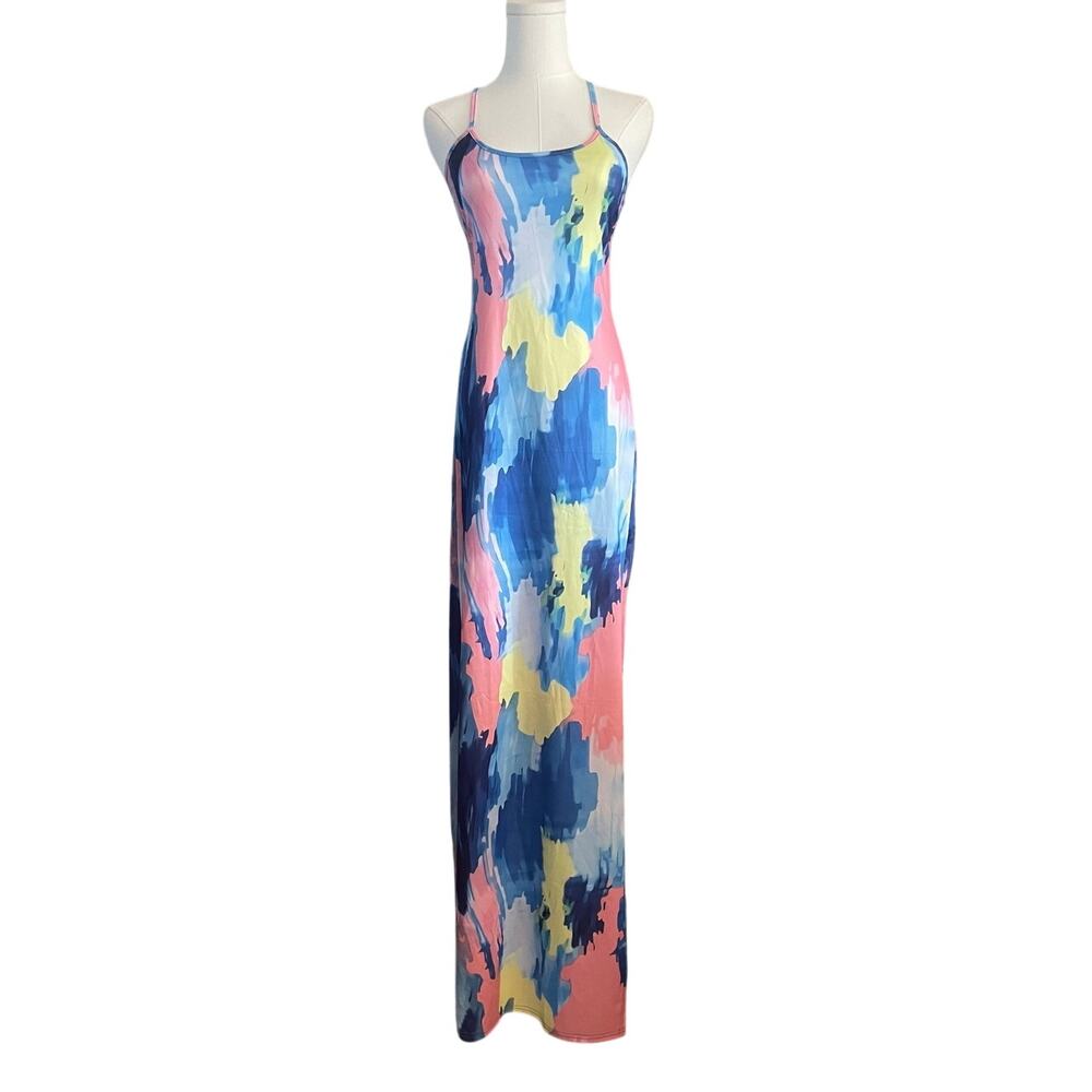 Blue & Pink Sleeveless Strappy Low-Back,‎ Bodycon Maxi Dress Size Large
